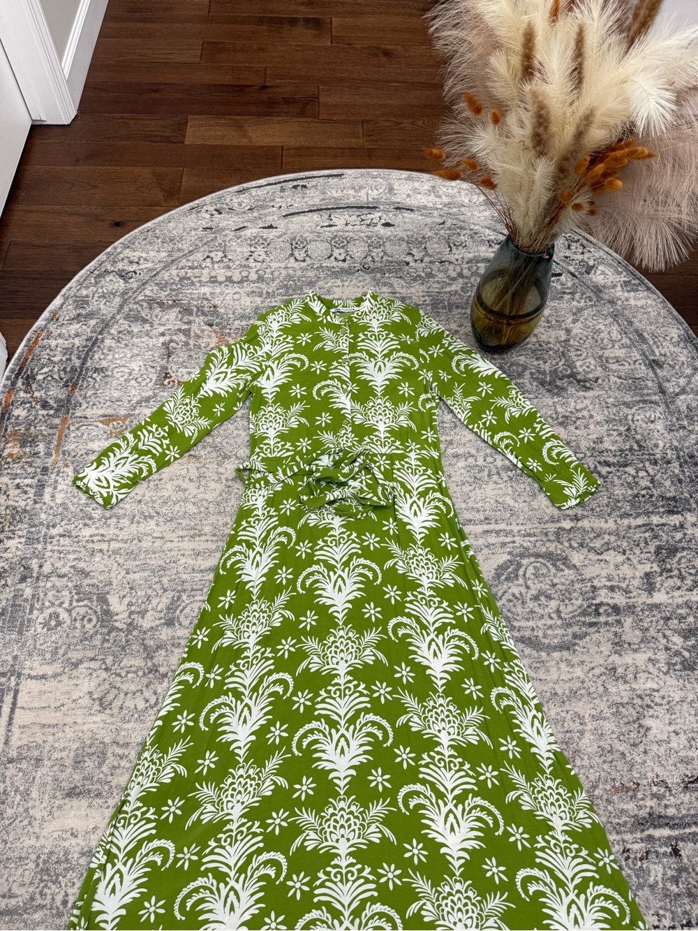 Zara Green and White Long Sleeve Printed Maxi Dress